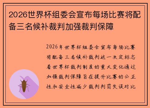 2026世界杯组委会宣布每场比赛将配备三名候补裁判加强裁判保障