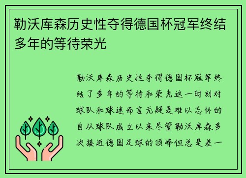 勒沃库森历史性夺得德国杯冠军终结多年的等待荣光