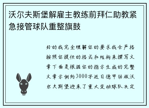 沃尔夫斯堡解雇主教练前拜仁助教紧急接管球队重整旗鼓